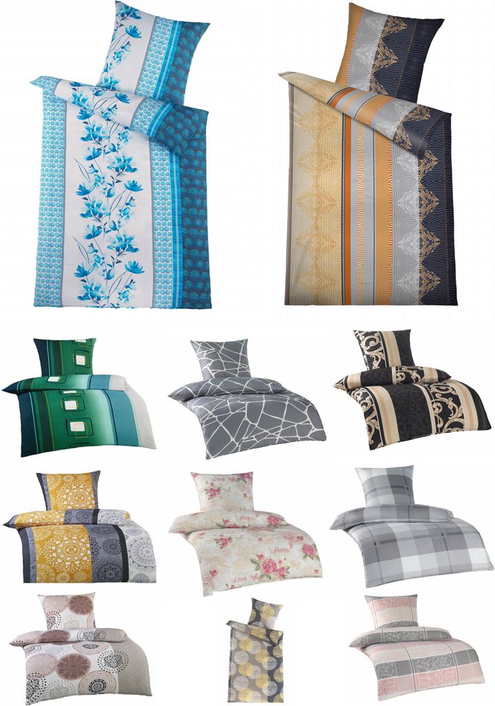 A collage of various bedding sets, including duvet covers and pillowcases, displayed on a white background.