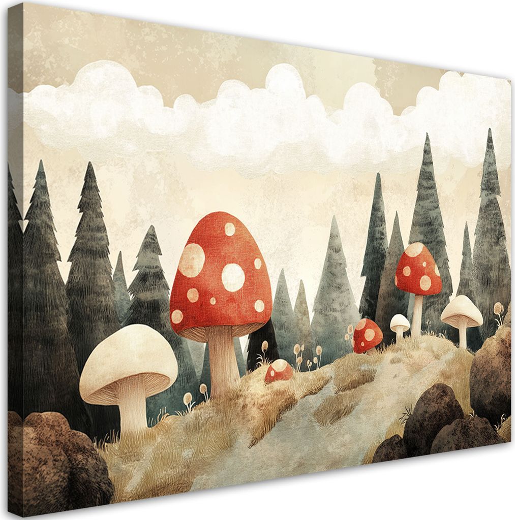 Leinwandbild für Kinderzimmer Pilze Wald Bäume Natur Beige 60x40 Feeby Beige bild für die wand bereit zum aufhängen