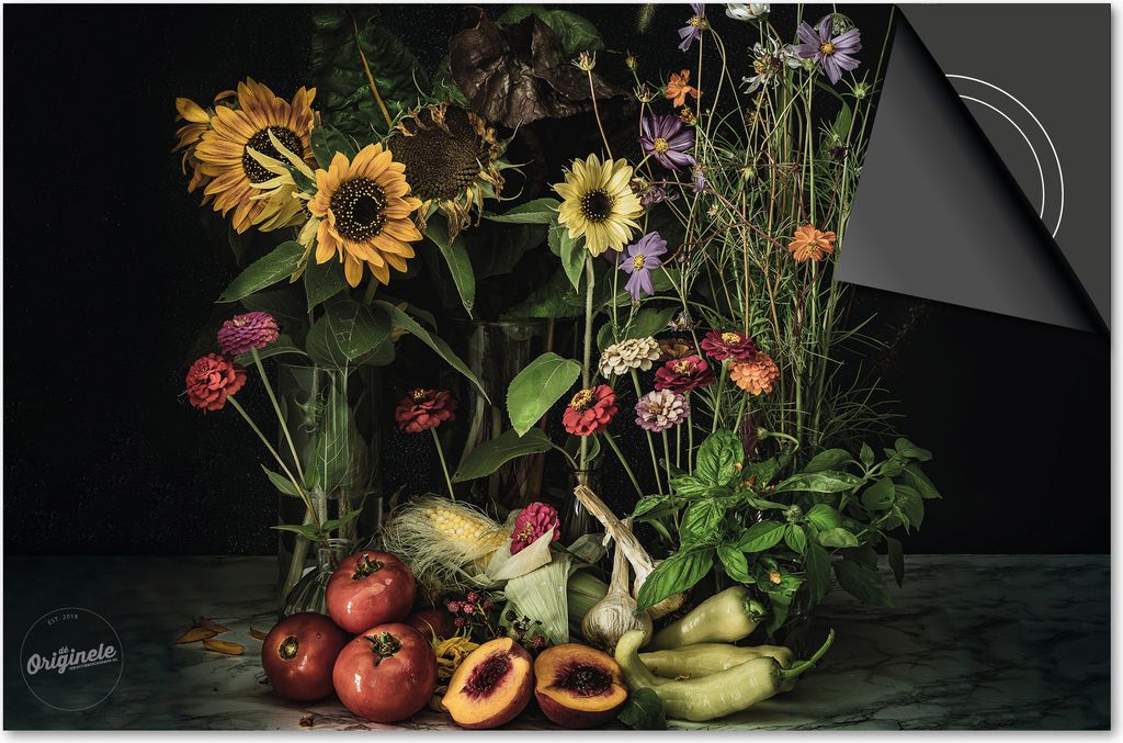 Induktionsschutz 59x52 - abdeckplatte Induktion matt- Dietrix Kochfeldschutz- Base - Obst und Gemüse - Blumen und Früchte im Vintagelook