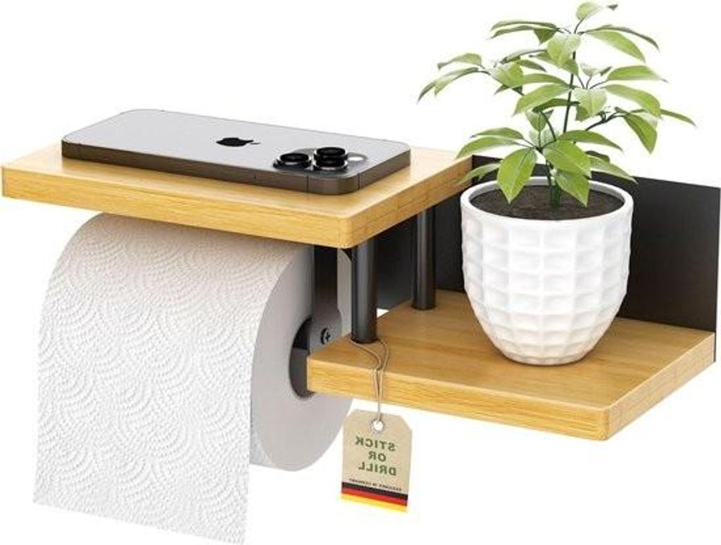 Toilettenpapierhalter aus Bambus ohne Bohren – mit Ablage – schwarz – Toilettenpapierhalter mit wahlweise Klebe- oder Bohrmöglichkeit