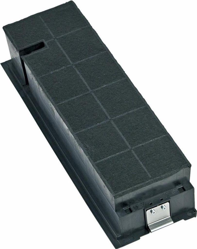 A black carbon filter for a range hood, shown from a slightly elevated diagonal angle against a white background.