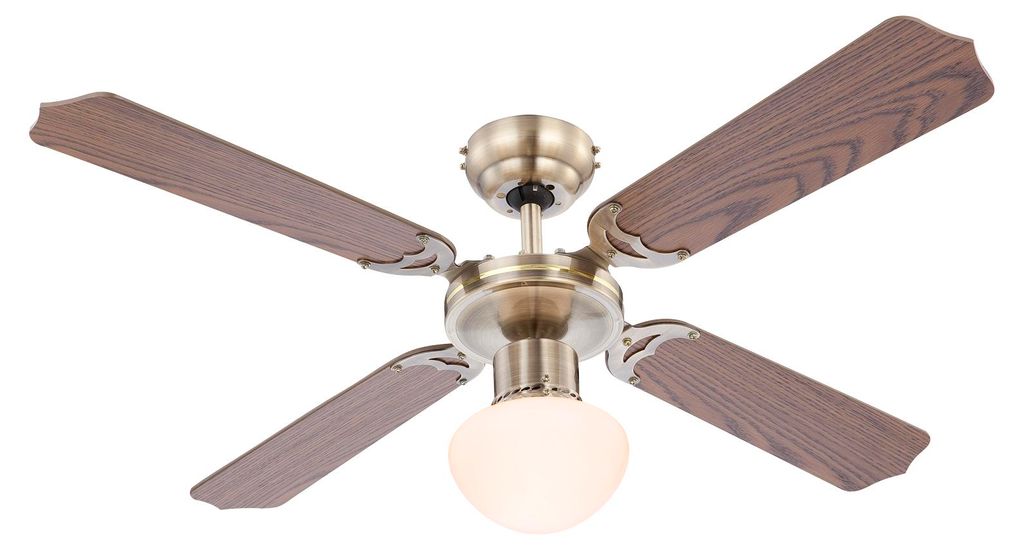 A ceiling fan with wooden blades and a brass-colored motor housing and light fixture.