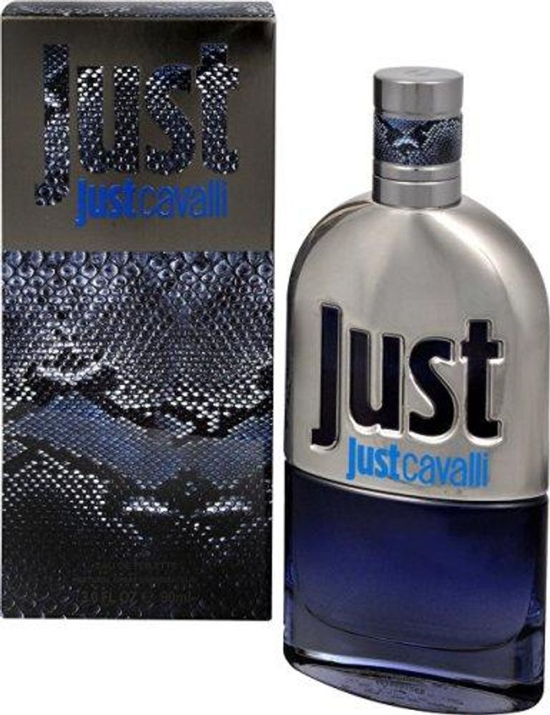 A bottle of Just Cavalli Him 2013 Eau de Toilette and its packaging are displayed side-by-side against a white background.