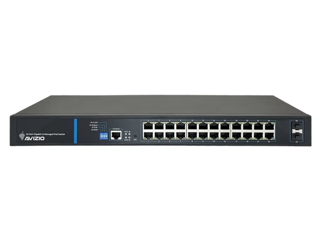 Commutateur Réseau PoE 24 ports Gigabit AVIZIO 2 SFP pour Baie Rackable