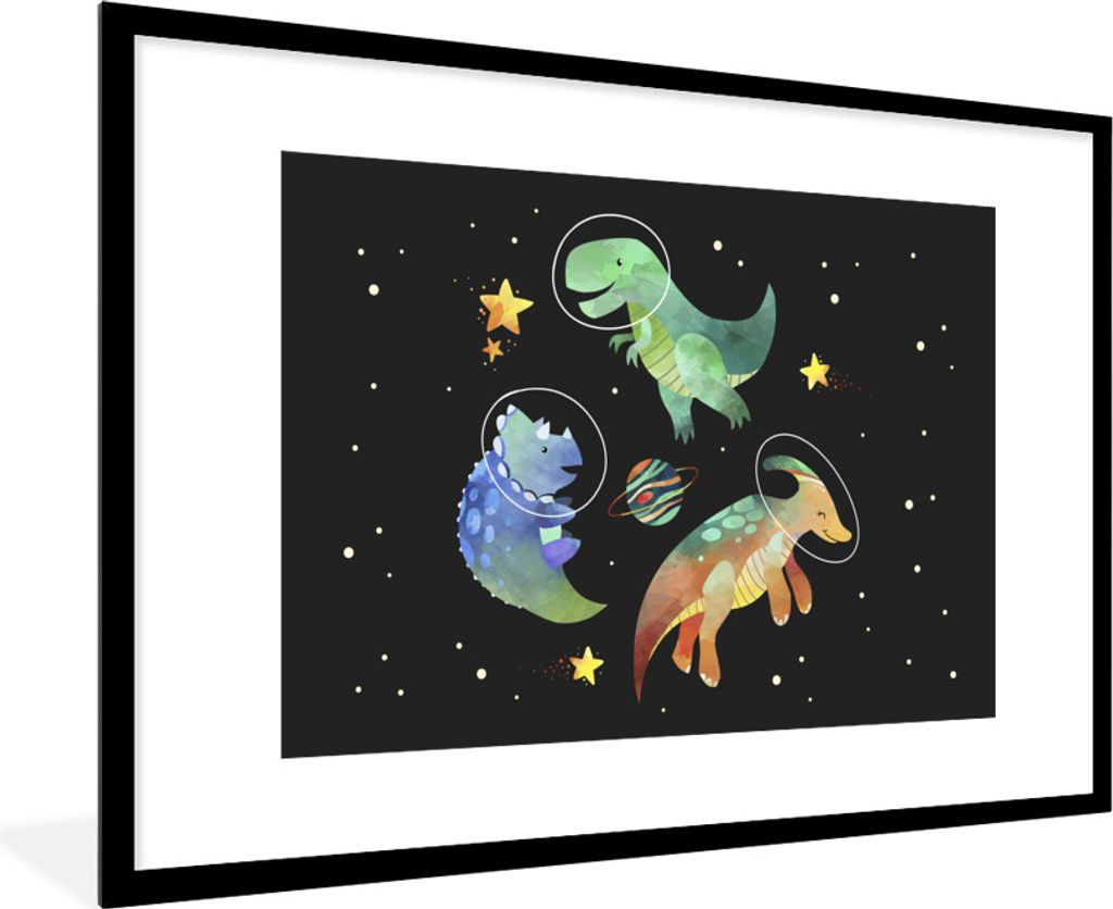 MuchoWow Gerahmtes Poster Sterne - Dinosaurier - Kind - Mädchen - Jungen - Kinder - Kinder 90x60 cm - Poster mit Schwarzem Bilderrahmen Wandpost...