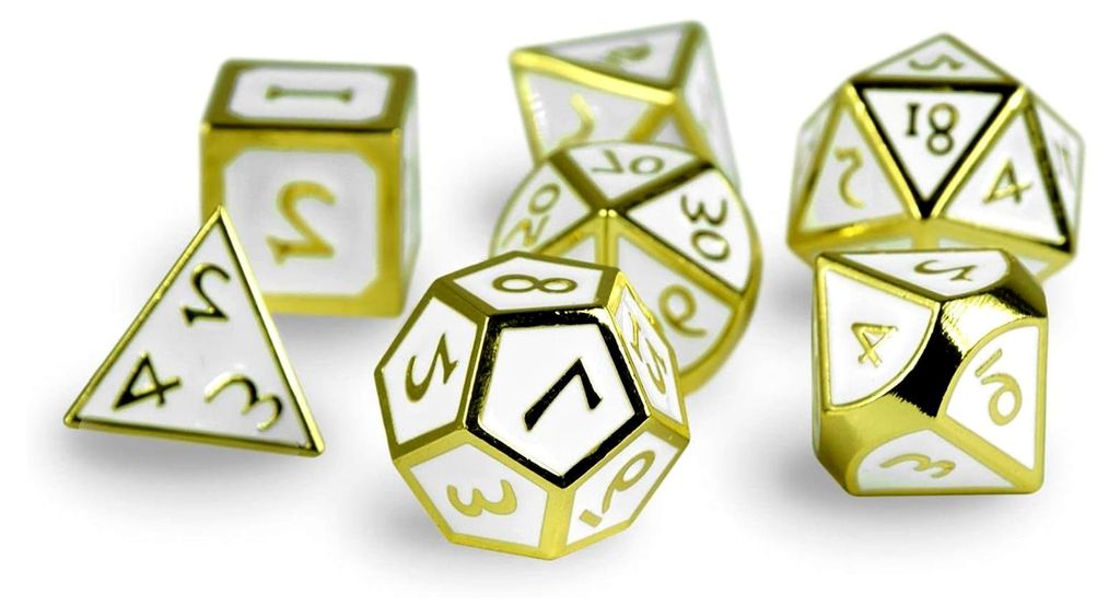 7-teiliges Polyeder Würfelset aus Metall (Gold/Weiß Steampunk)