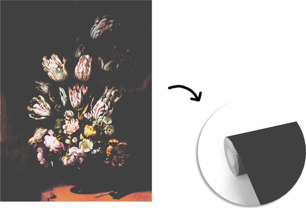 MuchoWow Fototapete für Wohnzimmer oder Schlafzimmer Wandtapete Vinyl Motivtapete Stilleben mit Blumen - Gemälde von Hans Bollongier - 225x280 ...