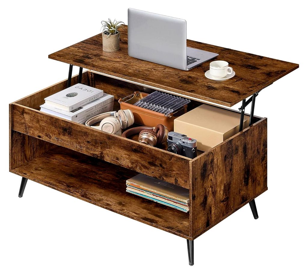 Couchtisch, höhenverstellbar, mit Gaszylinder, verstecktem Fach und offenem Fach, für Wohnzimmer und Homeoffice, vintagebraun-Mattschwarz