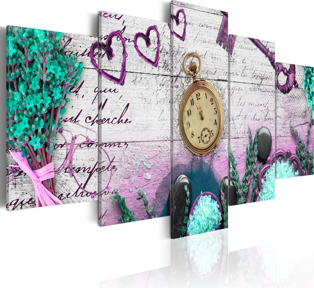 Leinwandbilder 200x100 cm f-A-0011-b-p Vlies Leinwandbild 5 tlg Kunstdruck modern Wandbilder XXL Wanddekoration Design Wand Bild Uhr HERZ BLUMEN
