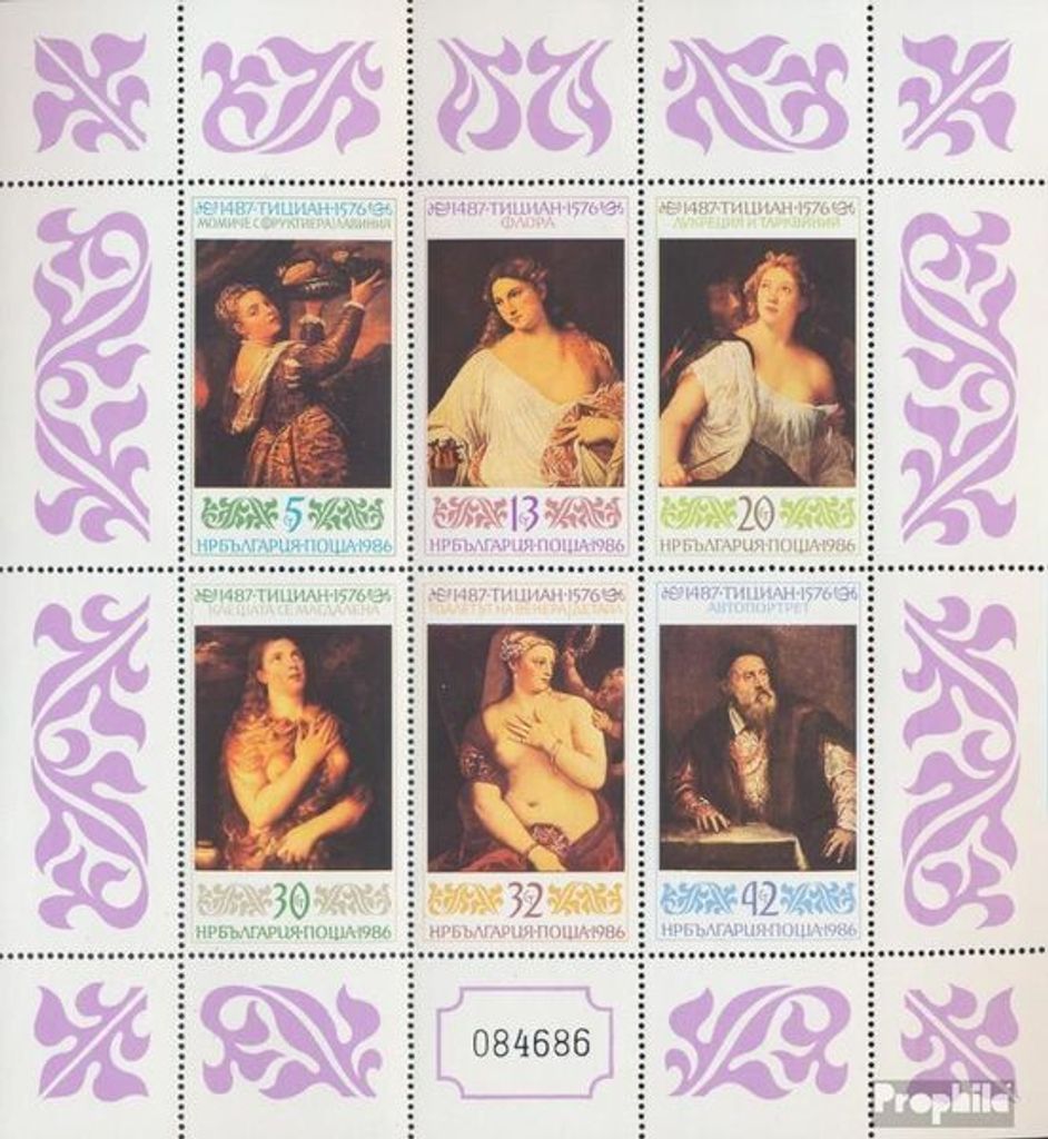 Briefmarken Bulgarien 1986 Mi 3530-3535 Kleinbogen (kompl.Ausg.) postfrisch Gemälde von Tizian