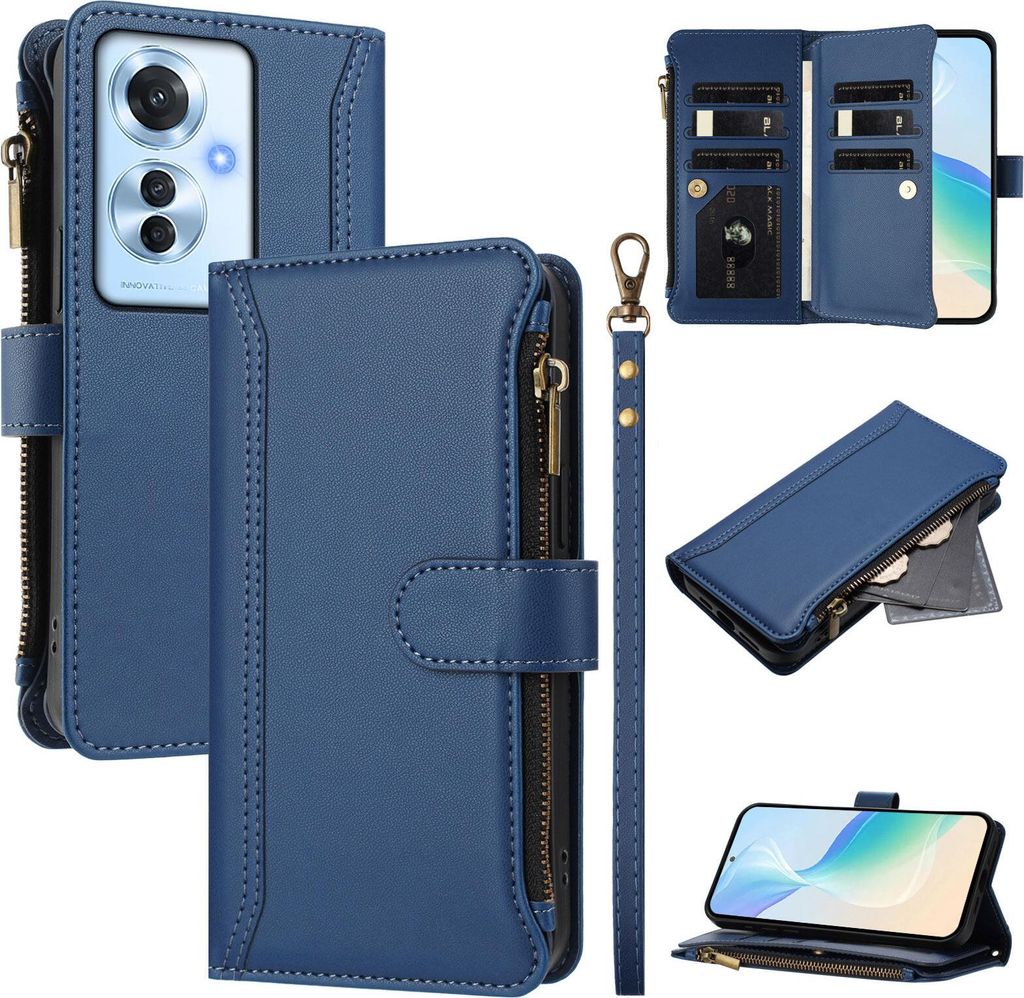 Handyhülle für Oppo Reno11 F/F25 Pro Reißverschluss Geldbörse Kunstleder Klapphülle mit Kartensteckplatz, Ständer, Handschlaufe Dunkelblau