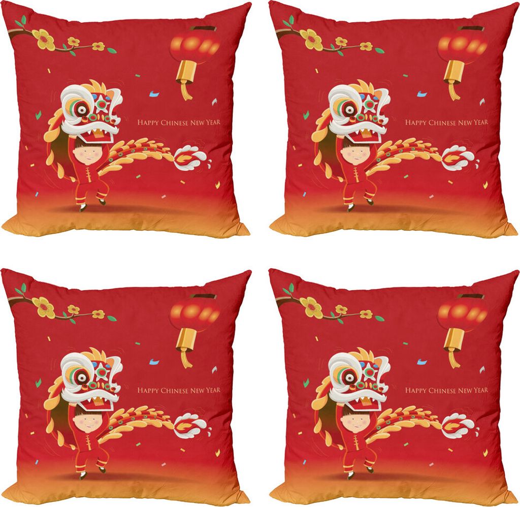 ABAKUHAUS Chinesisches Neujahr Kissenbezug Set (4 Stück), Little Boy-Löwe-Tanz, Moderner Doppelseitiger Digitaldruck, 60 cm x 60 cm, Mehrfarbig