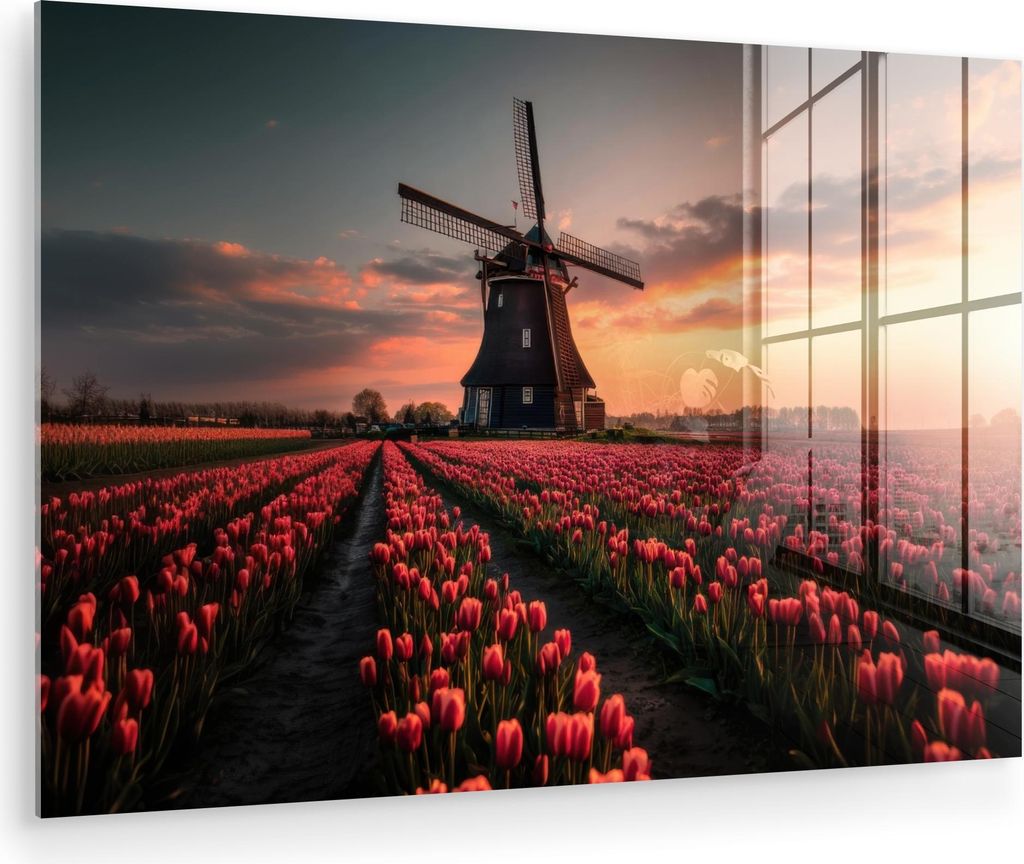 MuchoWow Glasbilder - Bilder auf Wandbild - Foto auf Glas Mühle - Sonnenuntergang - Tulpen - Rot 120x80 cm Wanddekoration aus Glas - Acrylglasbild...