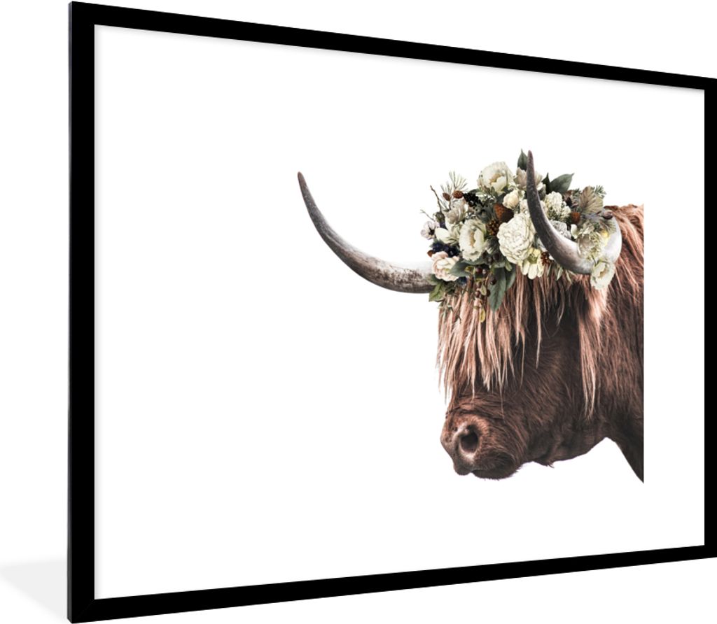 MuchoWow Gerahmtes Poster Schottischer Highlander - Rosen - Weiß 80x60 cm - Poster mit Schwarzem Bilderrahmen Wandposter Rahmen Foto Bilder - Sc...