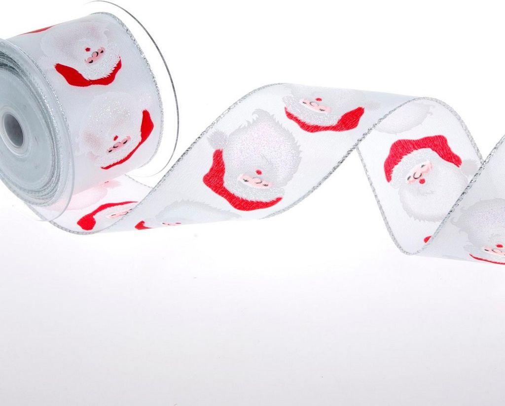 Weihnachtsband - Nikolausgesicht -weiß-rot-silber - 65mm - 10m - A18130-65-10-10
