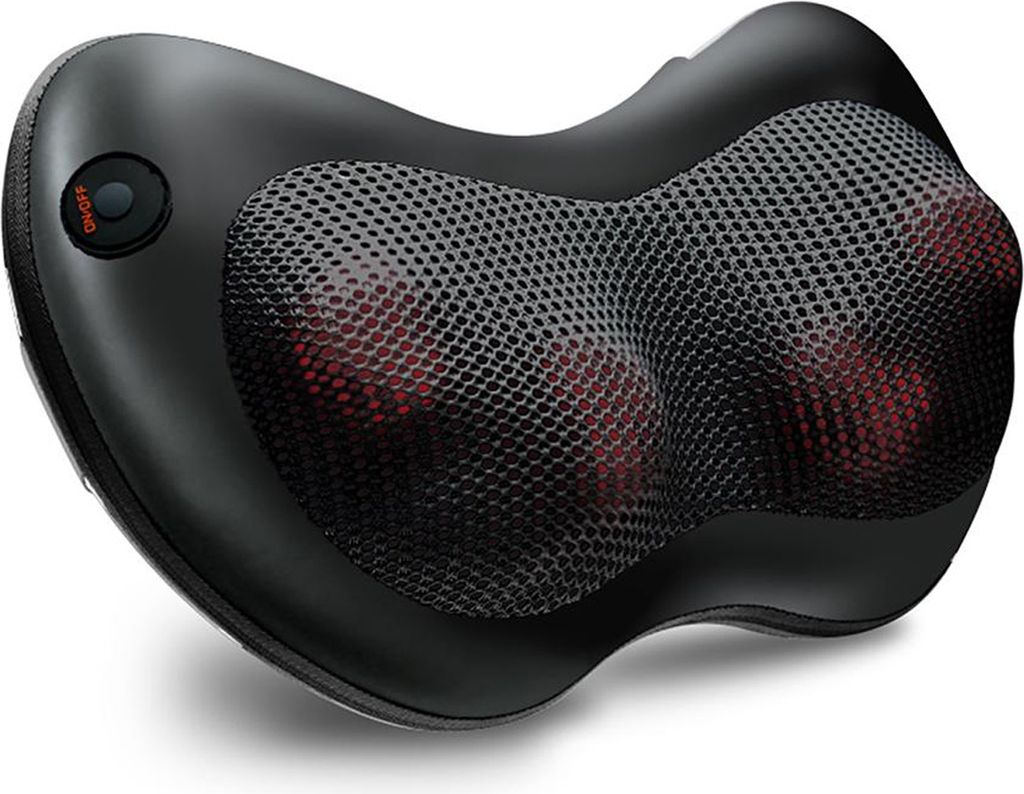 A black massage pillow with a mesh top and red massage nodes visible underneath.
