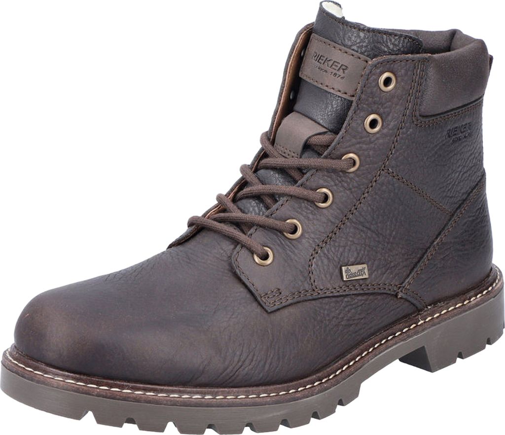 A single brown leather boot is shown against a white background.