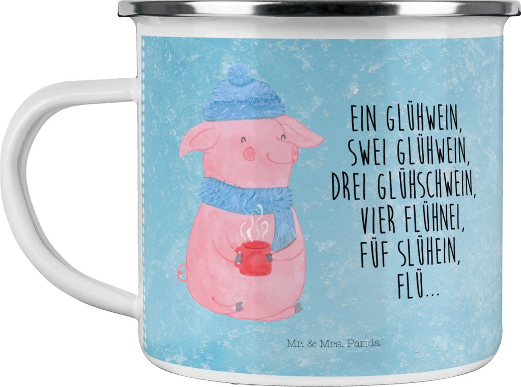 Mr. & Mrs. Panda Teetasse Schweinchen Glühwein - Eisblau - Geschenk, becher emaille, Kaffeepott, Teebecher, Pott, Campingtasse, Weihnachtsmarkt, W...