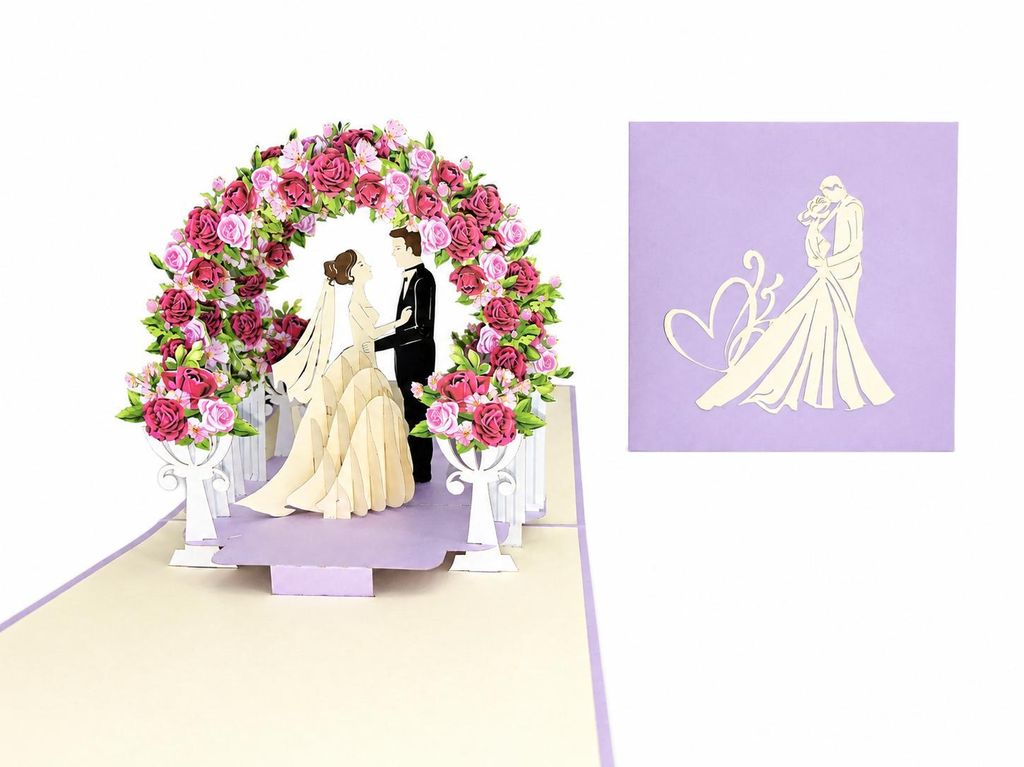 biglietto di matrimonio pop-up 3D con arco di fiori di rosa Immagine del prodotto 