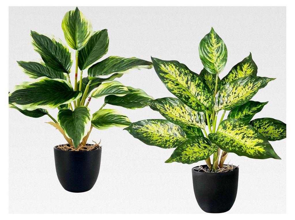 2 Stück künstliche Pflanze, Topfpflanze für Badezimmer, Küche und Büro - 37 cm dekorative Plastikpflanze, kunstvolle Blumen im Topf