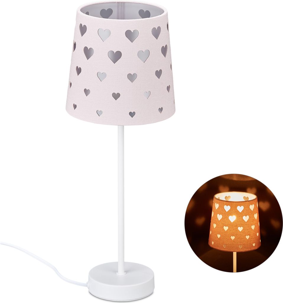 Relaxdays Nachttischlampe Kinder, Herzen, Stoff Lampenschirm, für Baby und Kind, Kinderlampe HxD: 43 x 16 cm, rosa-weiß
