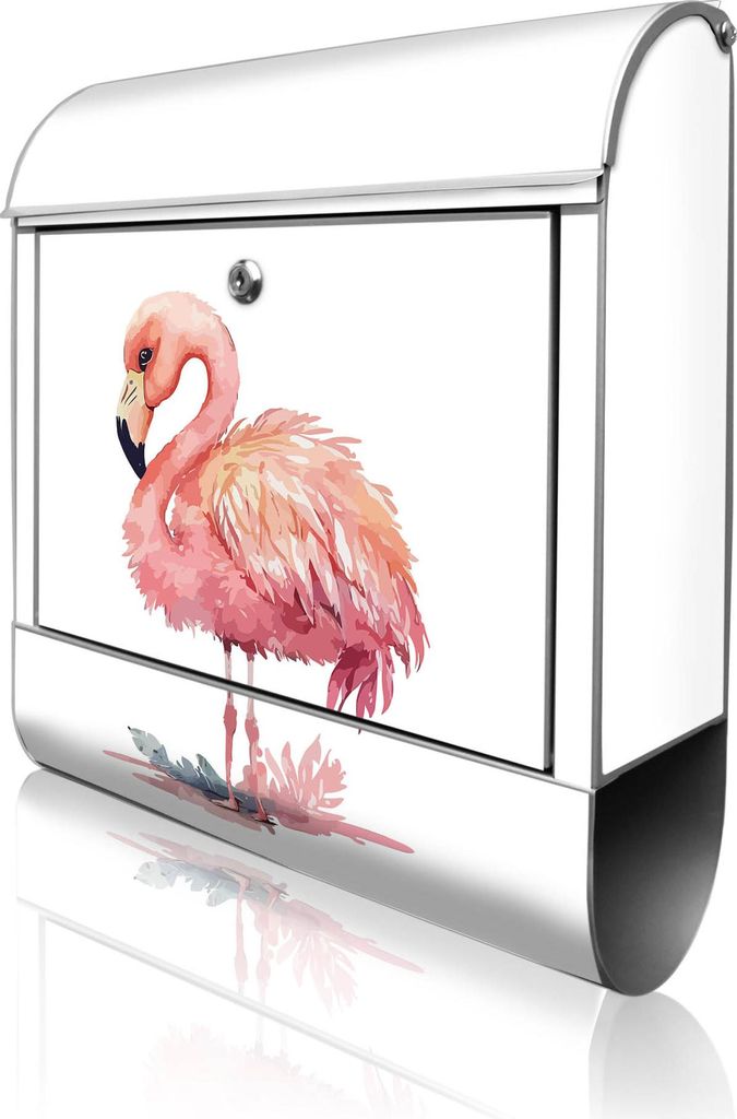 banjado Design Briefkasten Stahl silber mit Zeitungsfach pulverbeschichtet "Aquarell-Flamingo klein" 38x46x12,5cm & 2 Schlüssel - Postkasten A4 Ei...