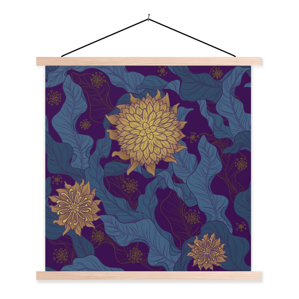 MuchoWow Textilposter Florales Motiv in Lila und Gold 120x120 cm mit holzfarbenen Rahmen - Textil-Poster