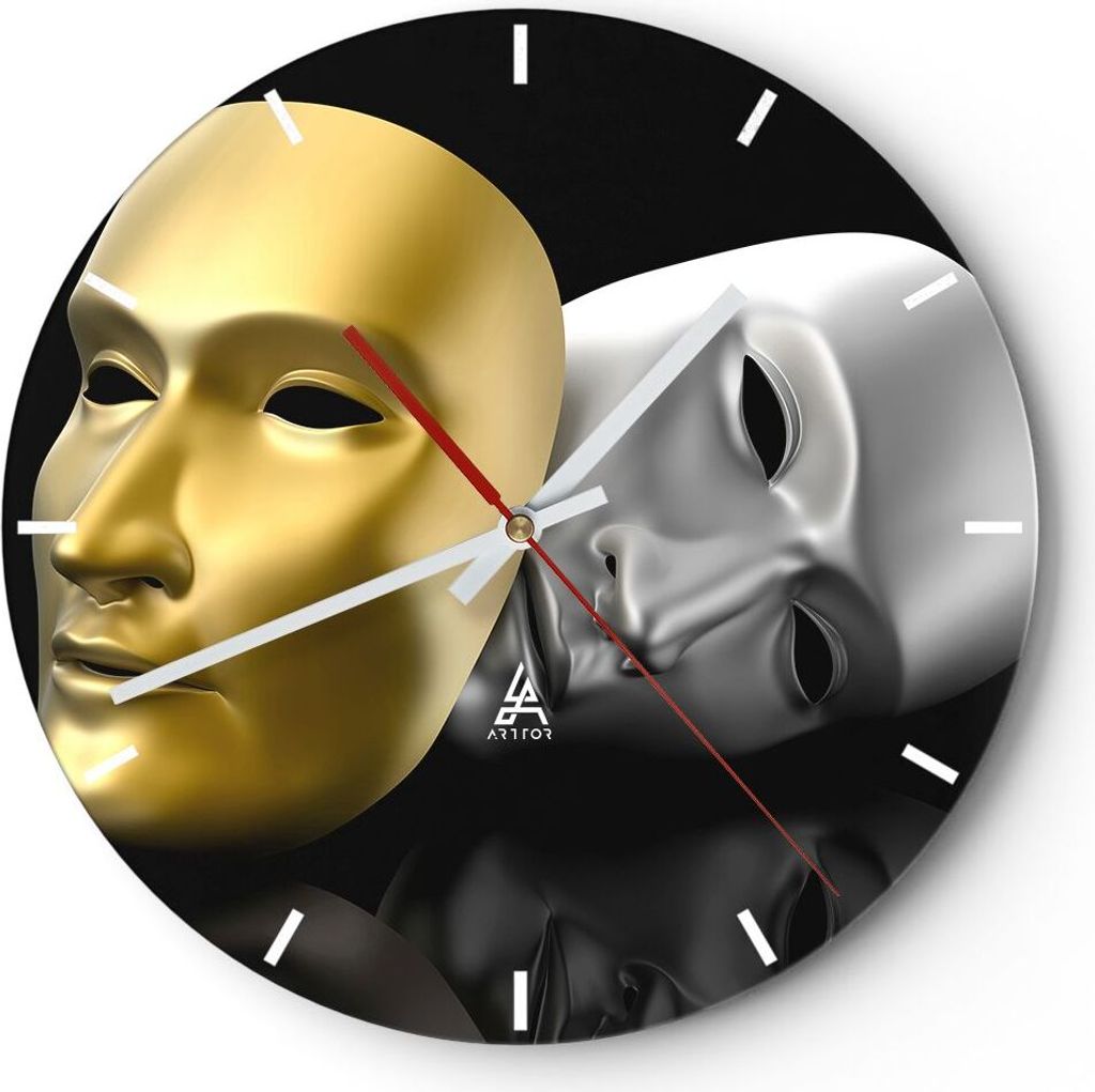 Wanduhr - Rund - Glasuhr - Maske Theater Bühne Schauspieler - 40x40cm - Schleichendes Uhrwerk - Lautlos - zum Aufhängen bereit - Dekoration Moder...