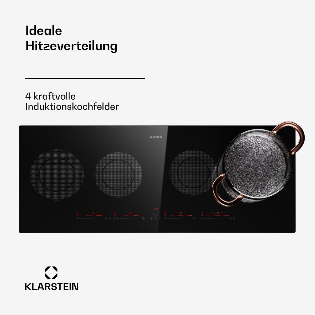 A black induction cooktop with four cooking zones and a pot on one of the zones. Text and a logo are present on the left side of the image.