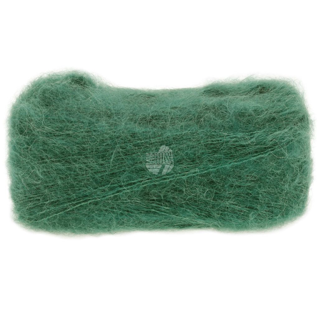 A ball of green yarn on a white background.