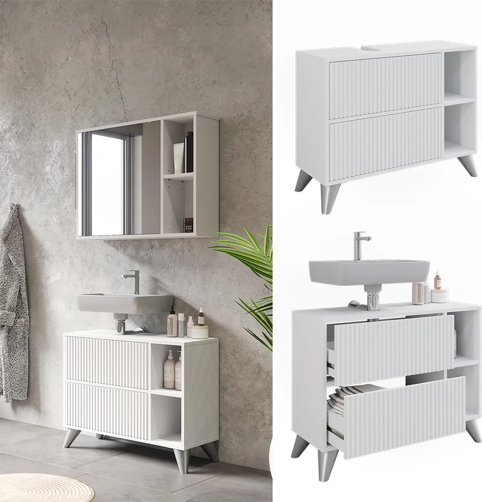 Meuble sous vasque blanc 80cm 2 tiroirs Vicco Leano finition laquée