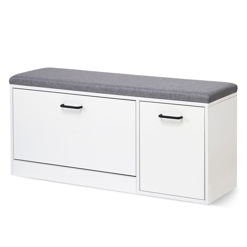 A white shoe bench with a gray cushioned seat and black handles sits against a white background.