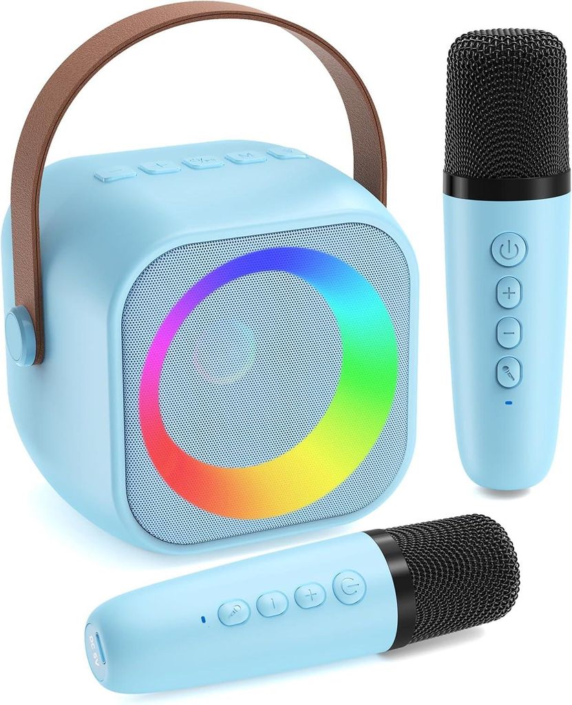 Tragbare Karaoke-Maschine, Bluetooth-Lautsprecher Karaoke-Maschine mit 2 kabellosen Mikrofonen, Weihnachtsgeschenke für Kinder und Teenager, Blau