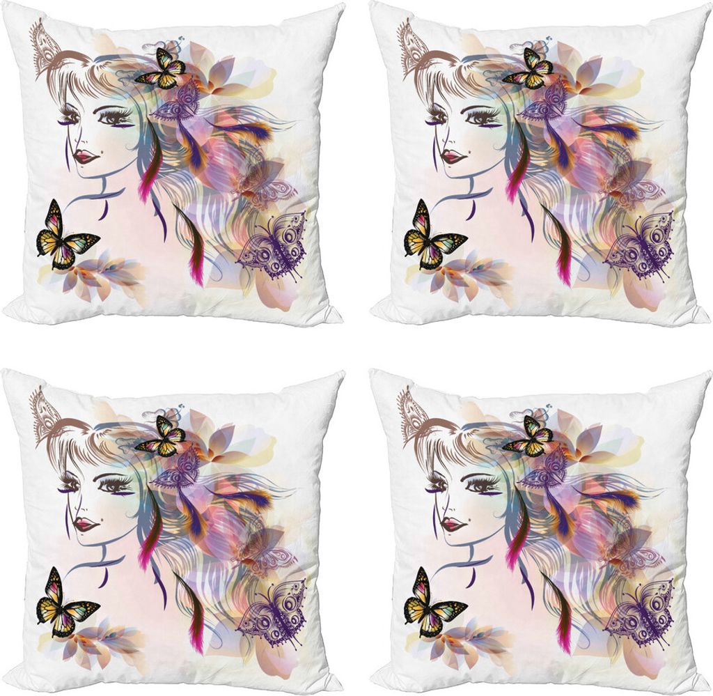 ABAKUHAUS Fee Kissenbezug Set (4 Stück), Schmetterlinge mit Mädchen, Moderner Doppelseitiger Digitaldruck, 50 cm x 50 cm, Mehrfarbig