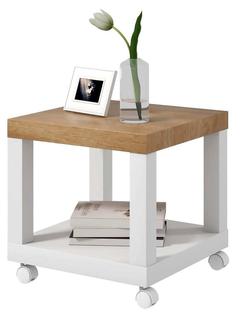 Beistelltisch mit Rollen und offenem Regal, 40x40x40 cm, Natur und Weiß