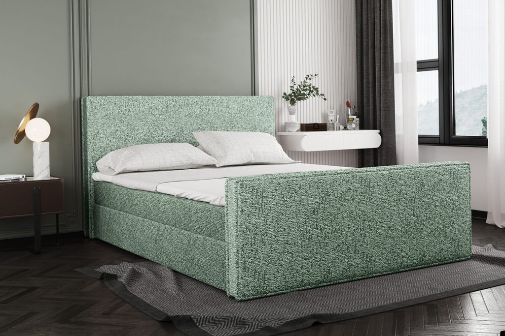 Kaiser Möbel Boxspringbett mit bettkasten und matratze + topper LILA stof Puente Hellgrün 140x200 cm