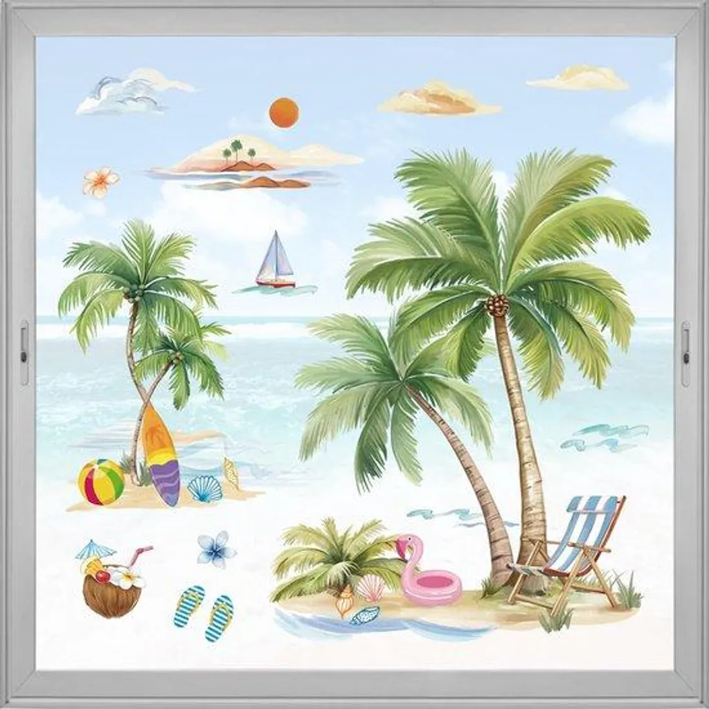 Stickers muraux palmier et plage tropicale décor de bord de mer - 50x70cm