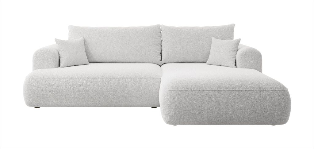 Selsey Ecksofa Ovo mit Schlaffunktion, Bettkasten, Ottomane rechts, Boucle-Bezug in Grau