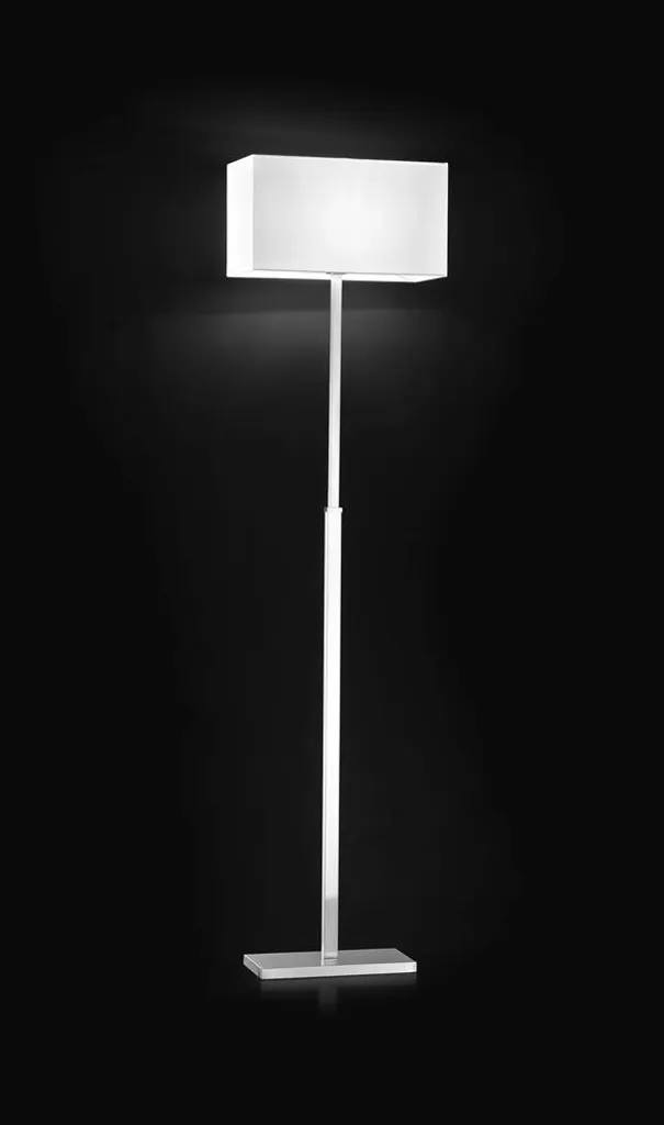 Lampadaire stable et anti-éblouissement en métal chrome et tissu blanc