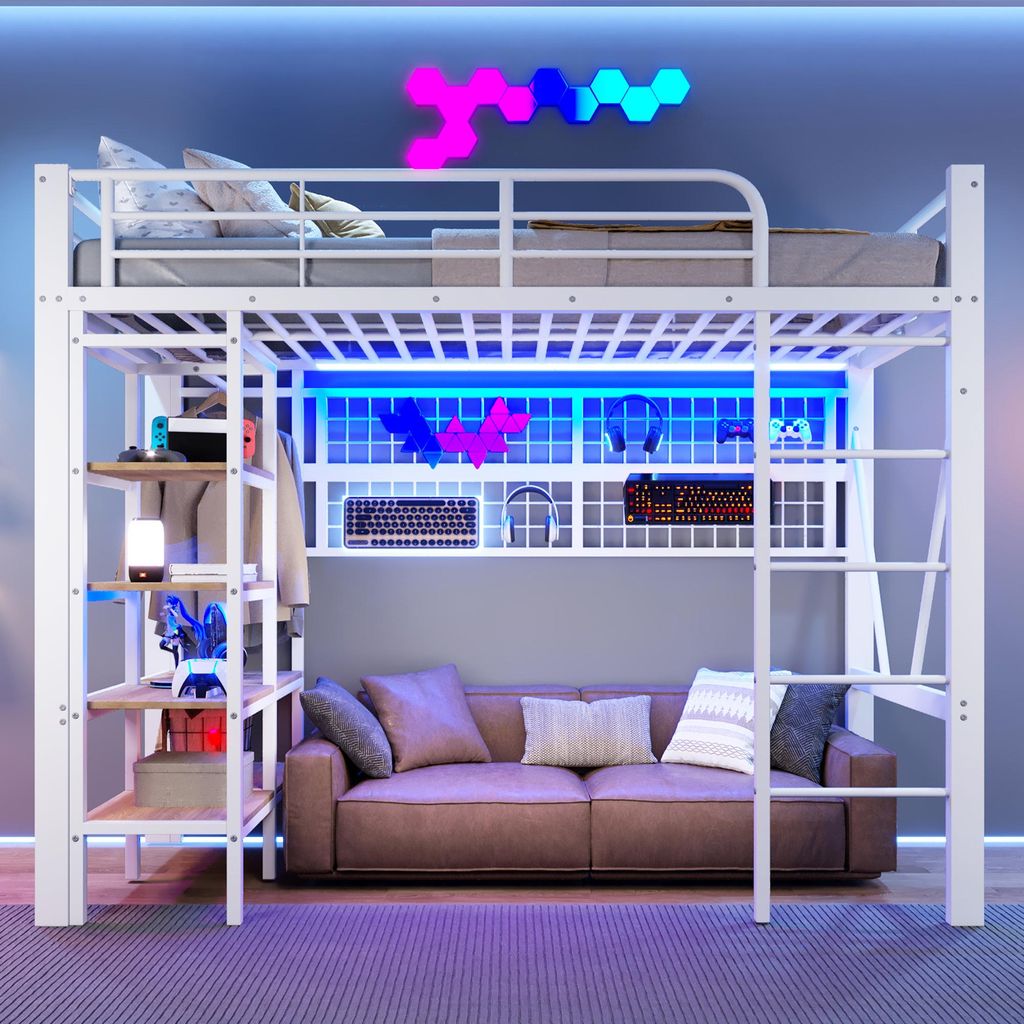 Flieks Etagenbett 90x200cm mit Kleiderstange und Regal, Hochbett mit Led, Kinderbett mit Gitterwand und Leiter, Stockbett Metallbett Weiß