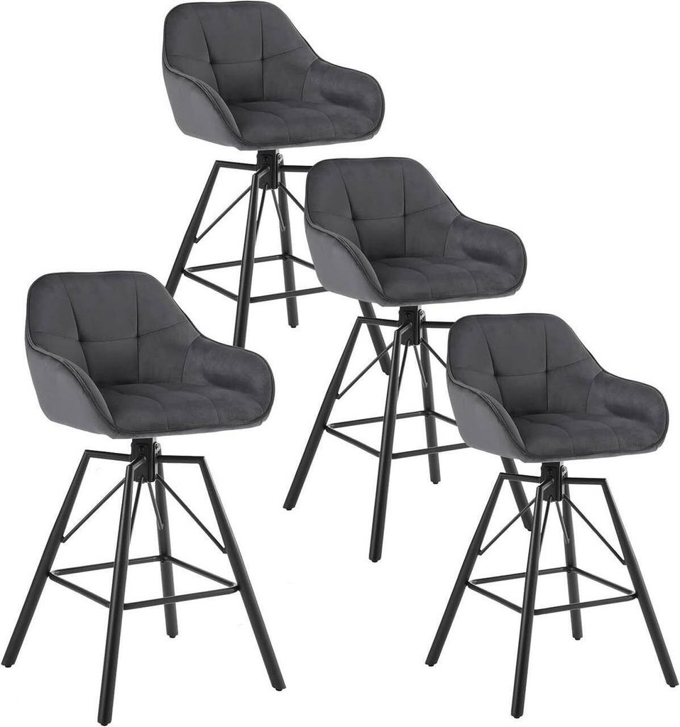 WOLTU Barhocker 4er Set, mit Lehne Fußstütze, drehbar, gepolstert, Samt Metall, Dunkelgrau
