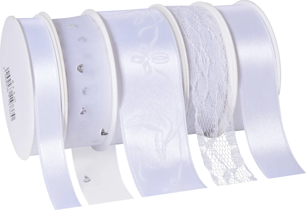 Lot de 5 Rubans Satinés Blancs Multi-Largeurs pour Nœuds de Mariage