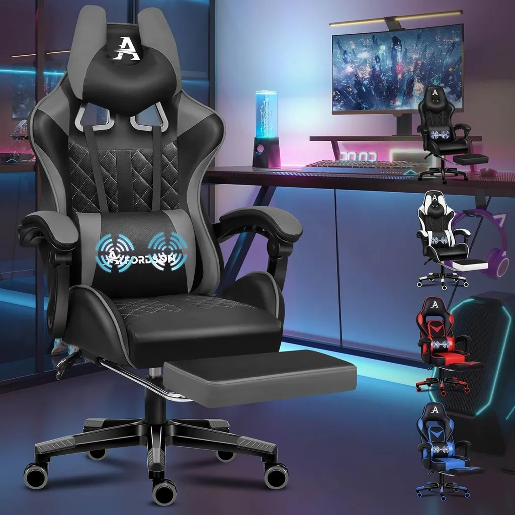 Chaise de jeu ALFORDSON Ethan grise avec repose-pieds et soutien lombaire