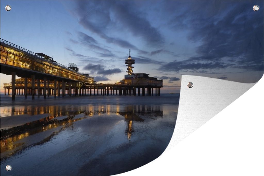 MuchoWow 120x80 cm Outdoor-Poster Gartendeko Sichtschutz Garten Poster für den Garten Pier von Scheveningen nach Sonnenuntergang