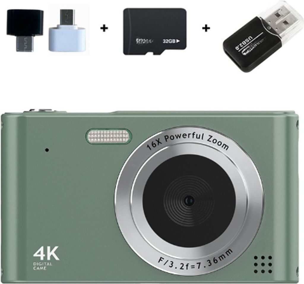 A digital camera with accessories, including a memory card and adapters, displayed on a white background.