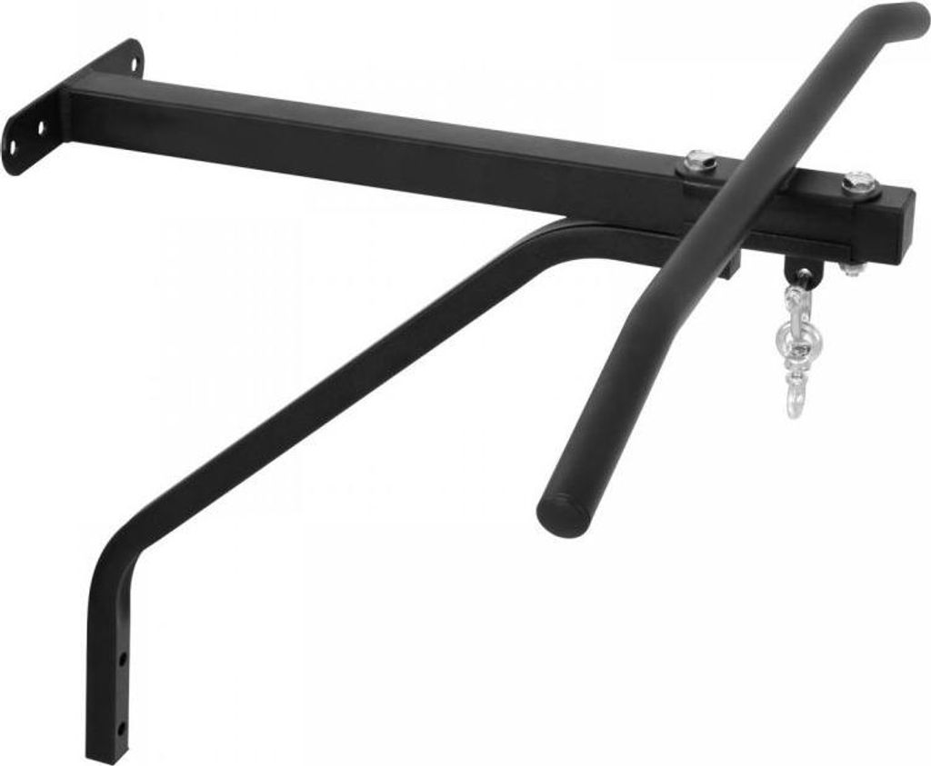 A black metal wall mount for a punching bag with an integrated pull-up bar, shown against a white background.