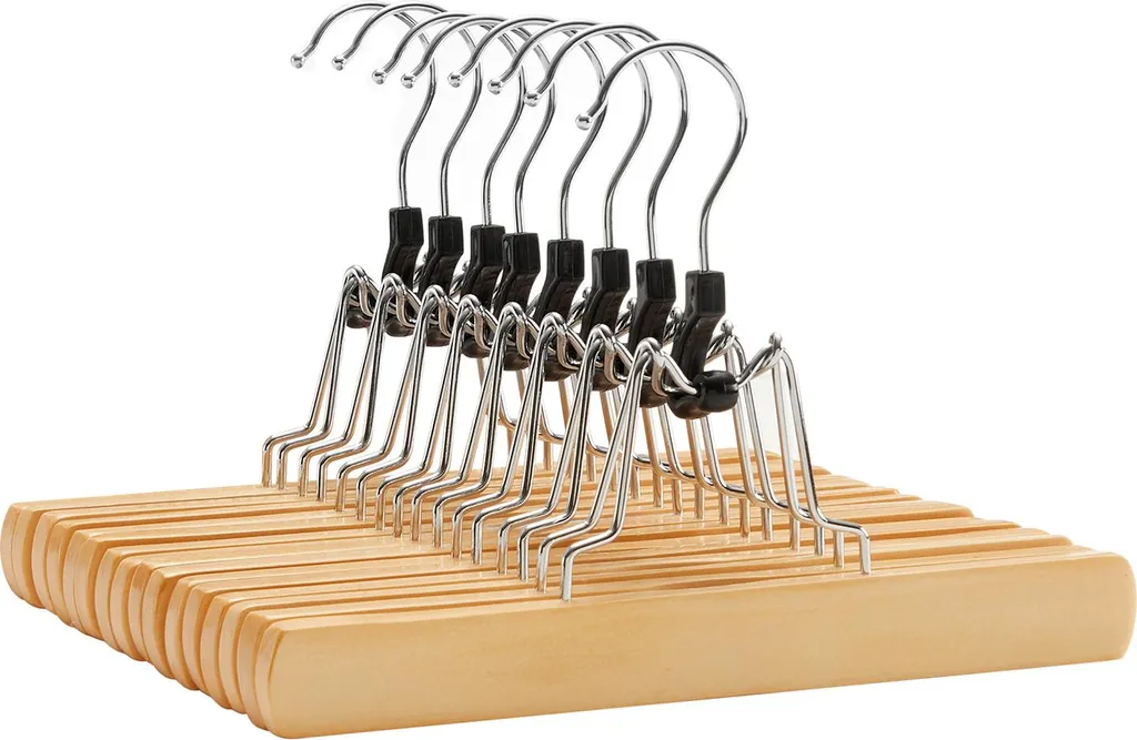 Lot de 8 cintres pour pantalons en bois naturel avec barres antidérapantes
