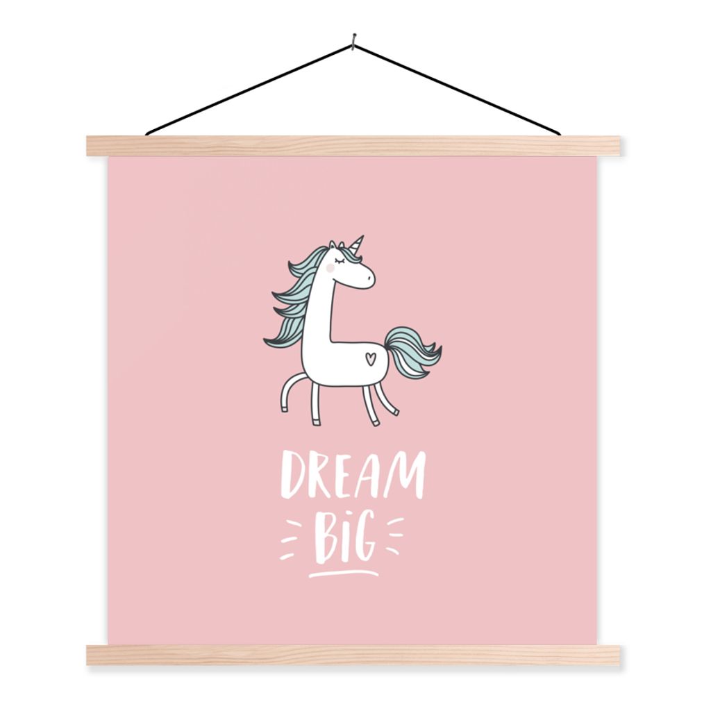 MuchoWow Textilposter Einhorn - Kinder - Zitate - Große Träume - Mädchen - Rosa 40x40 cm mit holzfarbenen Rahmen - Posterleiste