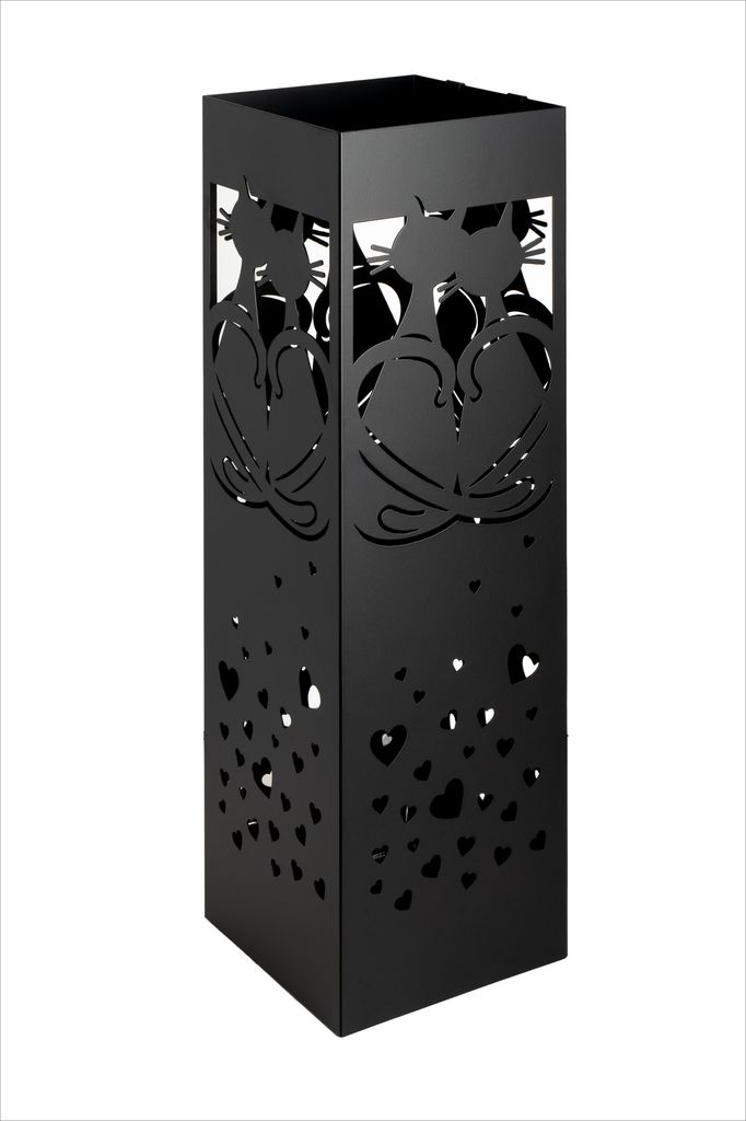NEUSTEIN Schirmständer mit modernem Design aus Metall für Heim und Büro, Katzen Design, 2 Haken, 2x Wasserauffangschale 15,5x15,5x49cm schwarz