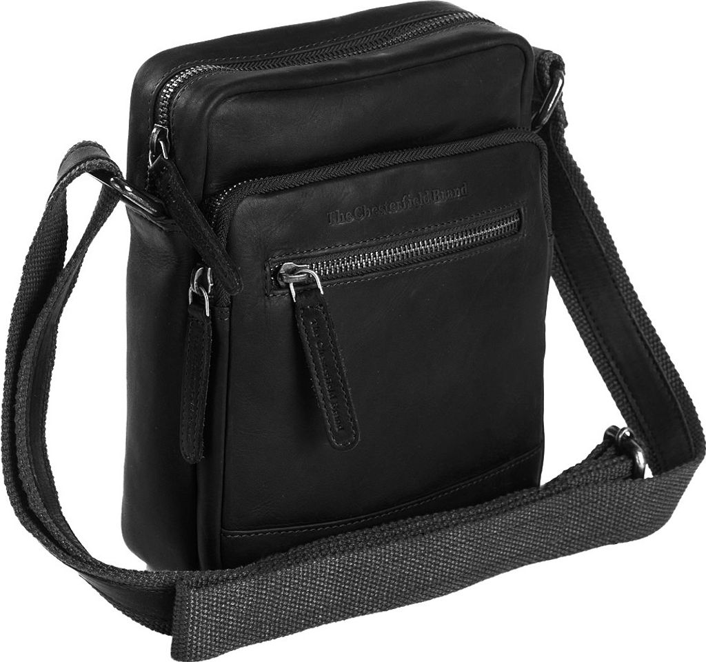 A black leather crossbody bag is shown from a side angle against a white background.